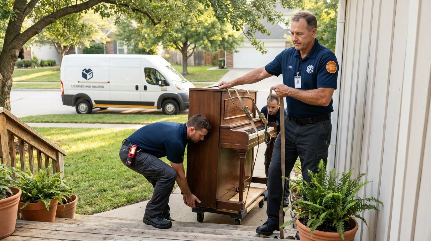 Licensed piano movers securing grand piano in Clinton, OK