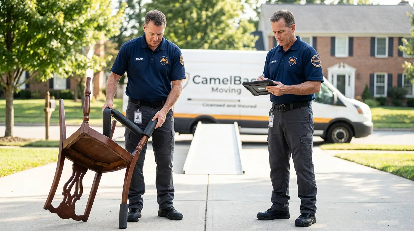 Movers inspecting furniture for damage prevention before loading in Clinton, OK